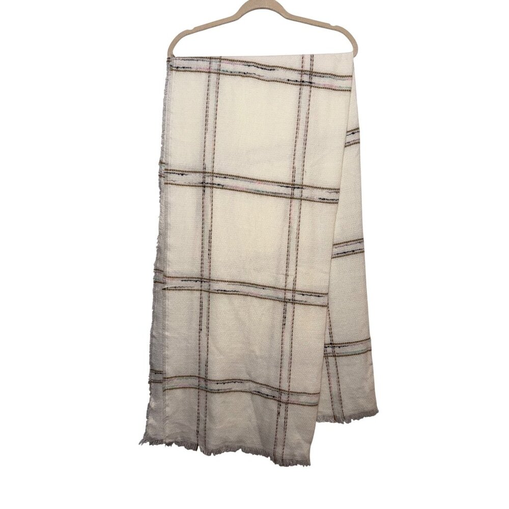 NWT White Plaid Fringed Windowpane Scarf By The Paper Store